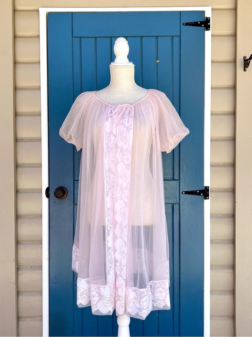 VTG Miss Elaine Sheer Babydoll Nightgown Pink Chiffon Lace Coquette Made in USA